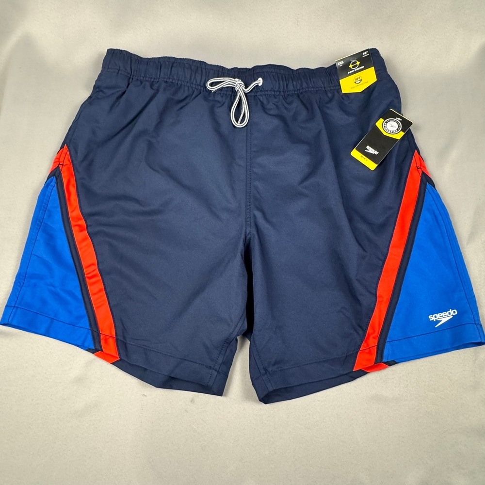 Speedo Mens Swim Trunks 2XL Navy Blue Red Colorblock UPF 50+ 18" Outseam NWT